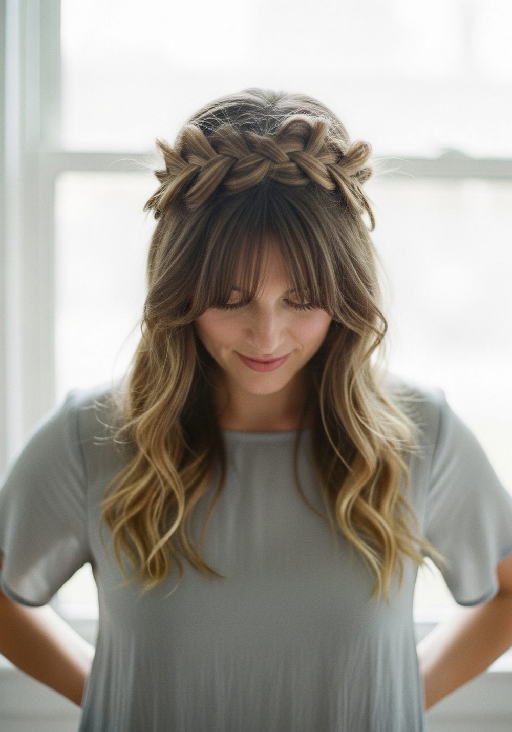 Braided Crown with Floating Curtain Bangs