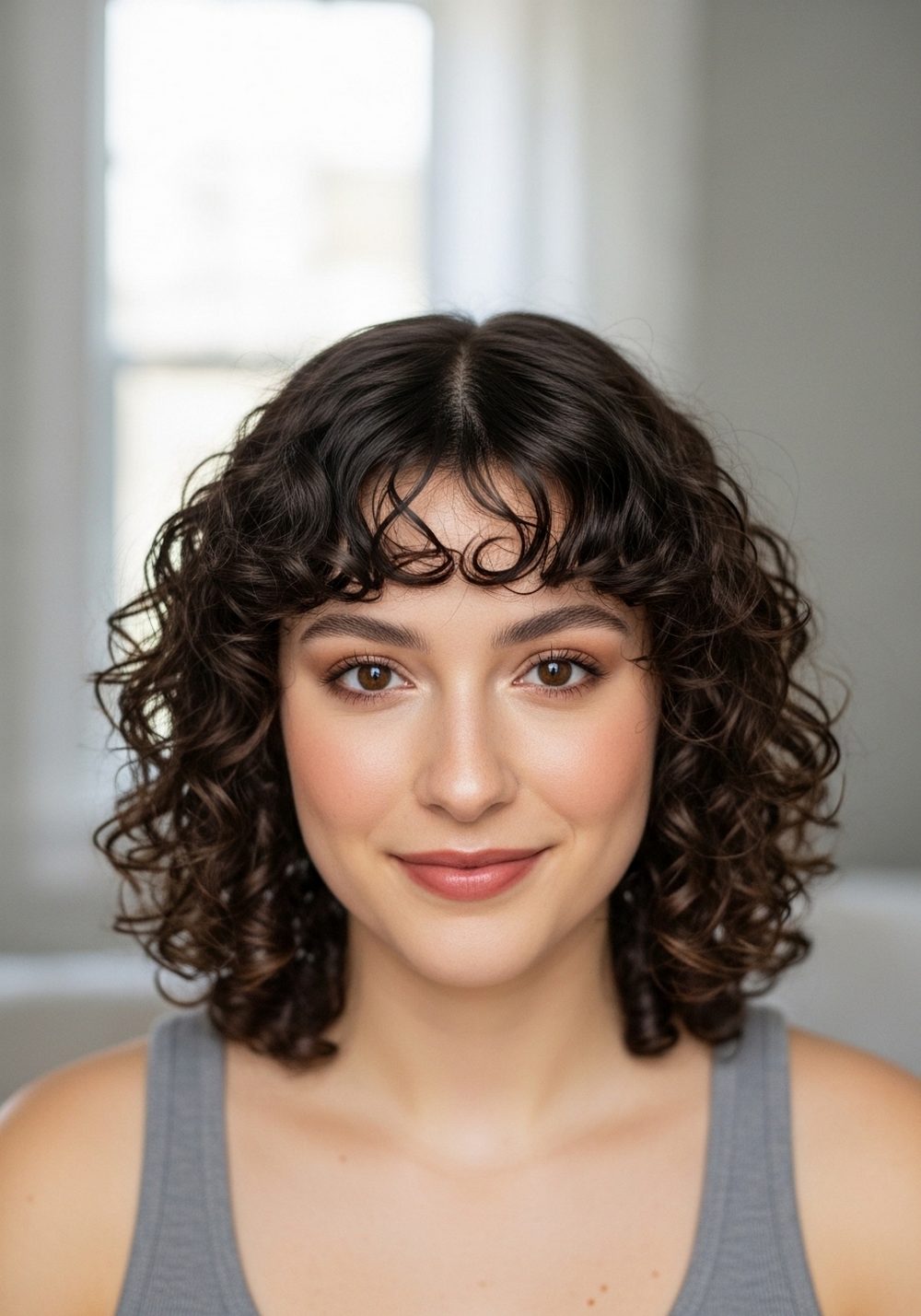 Curly Curtain Bangs for a Small Forehead