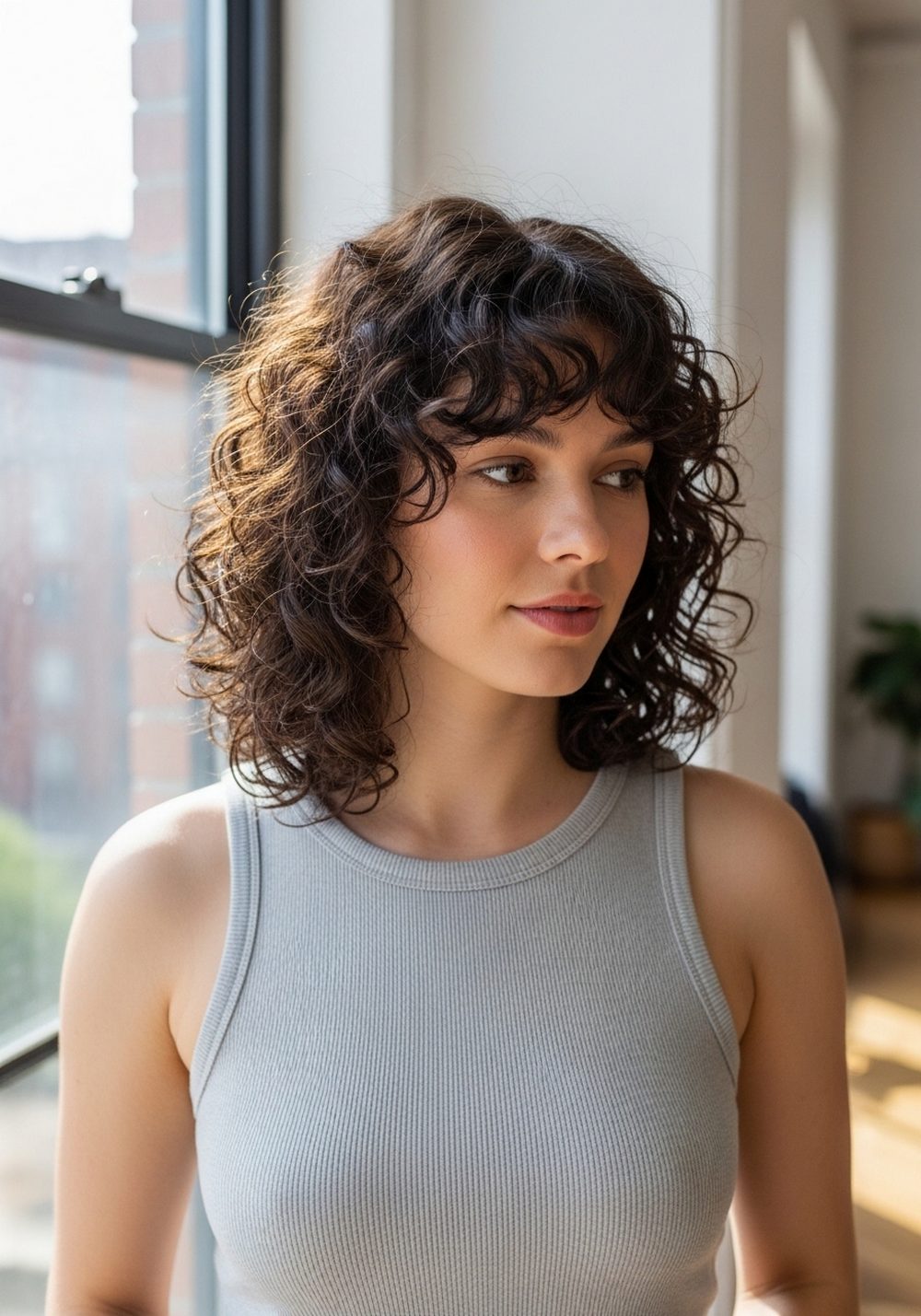Curly Curtain Bangs on Shoulder-Length Hair