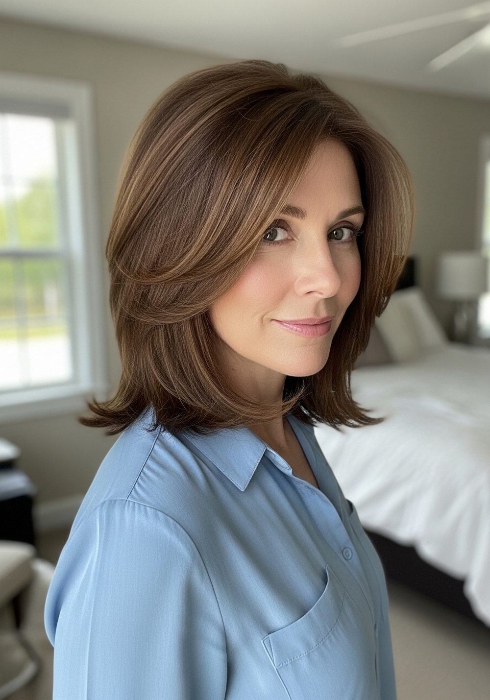 Feathered Shoulder-Length Layers with Side Part