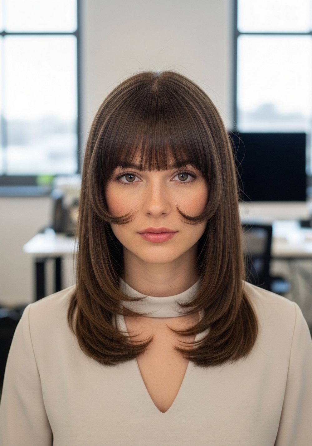 Flipped-Out Curtain Bangs on a Layered Lob