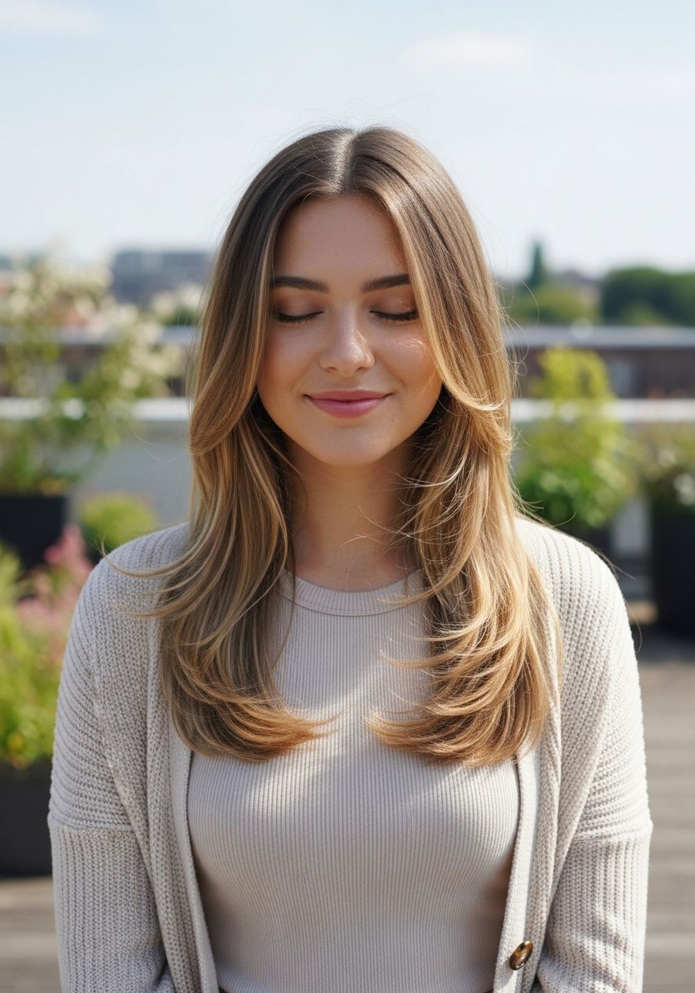 Glossy Long Butterfly Layers Minimalist Center Part Hairstyles