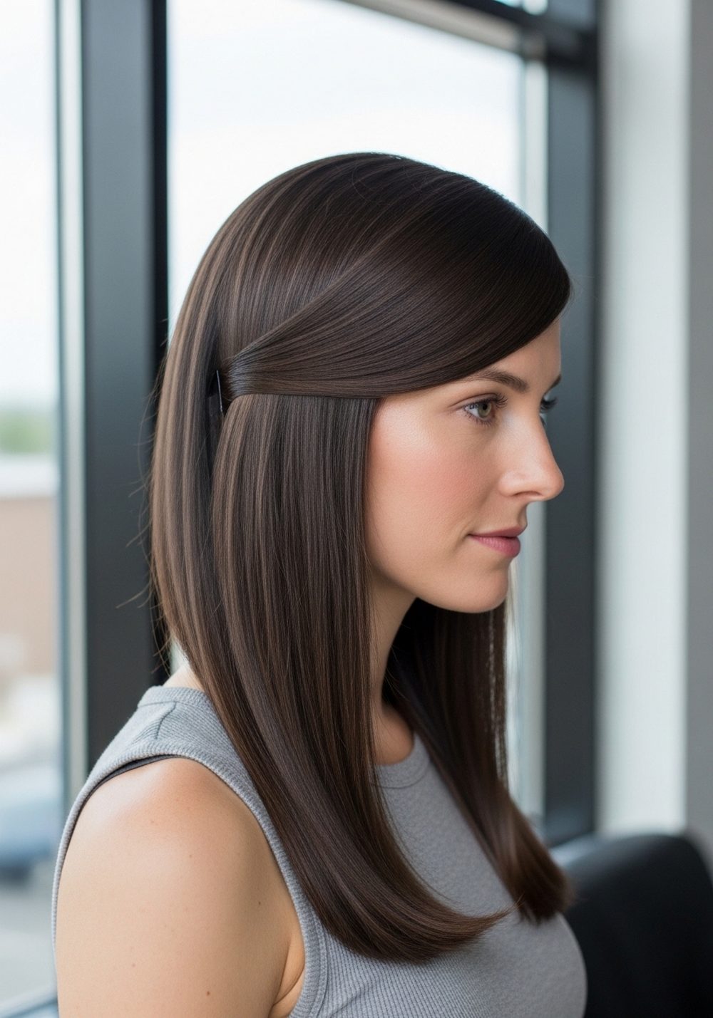 Glossy Straight Hair with One Side Tucked