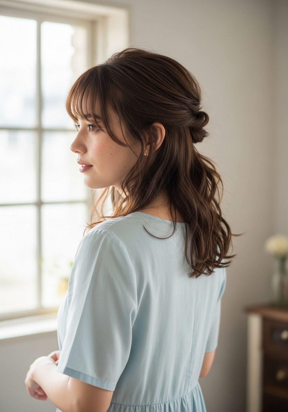 Half-Up Twist with Soft Curtain Bangs