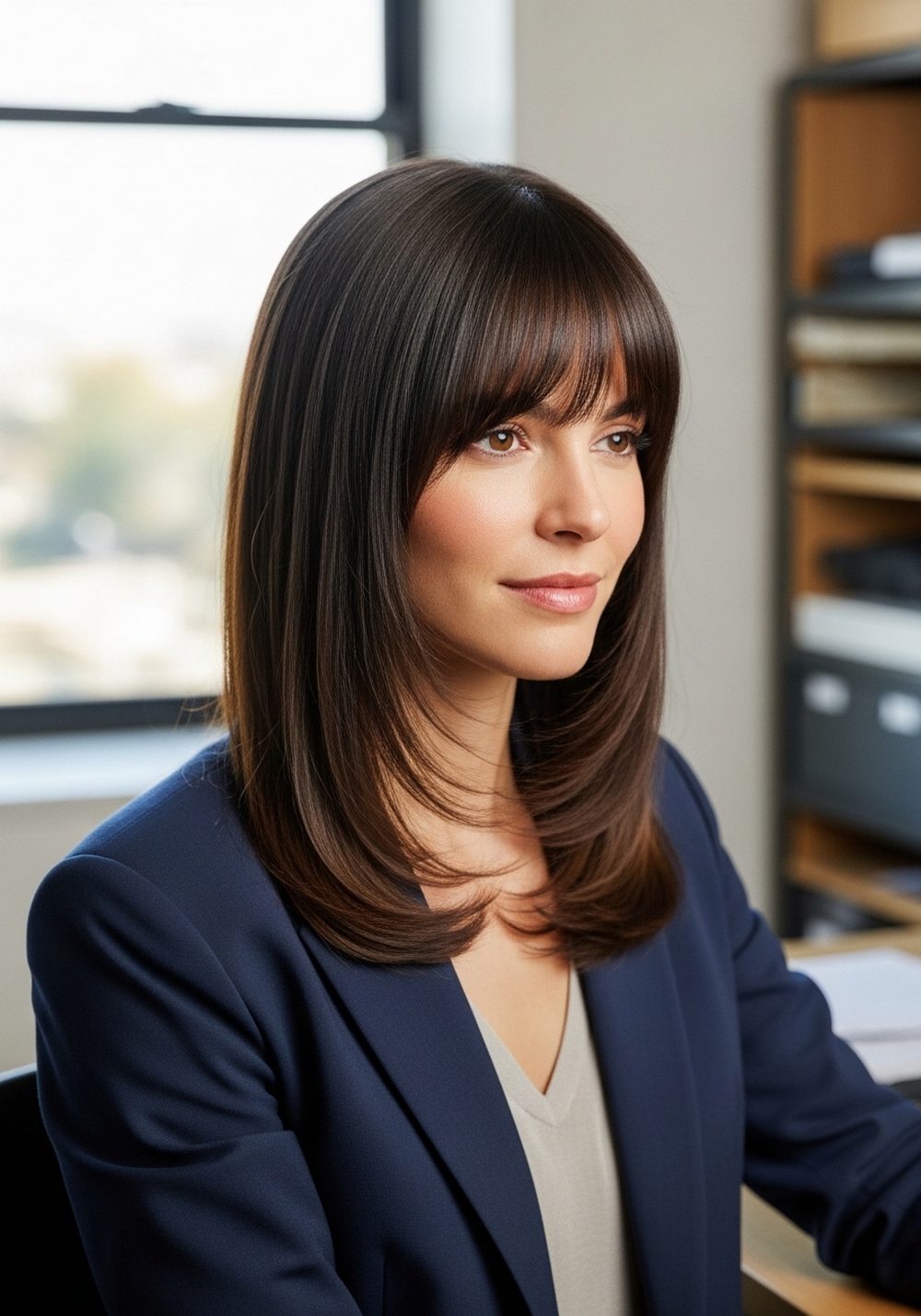 Sleek Chest-Length Hair with Butterfly Bangs