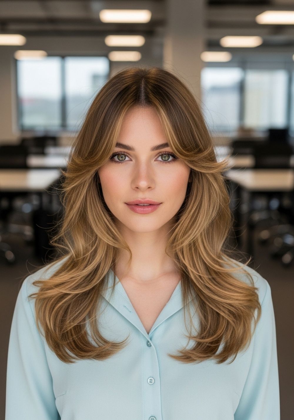 Sleek Face-Framing Butterfly Layers with Long Curtain Bangs Hairstyle