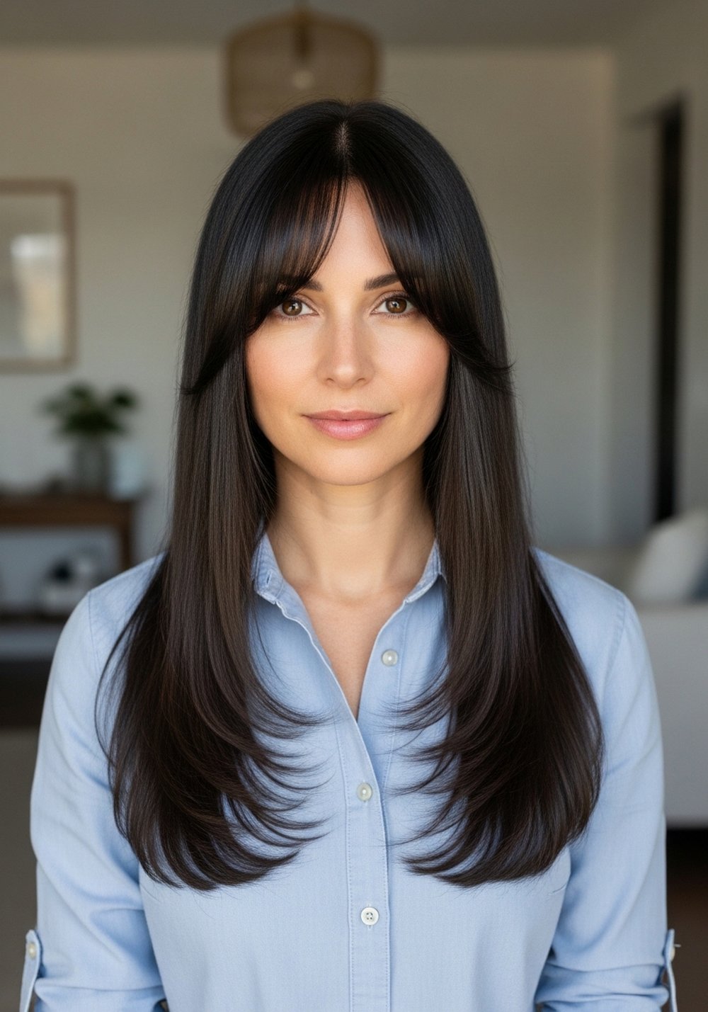 Sleek Straight Length with Blended Curtain Bangs