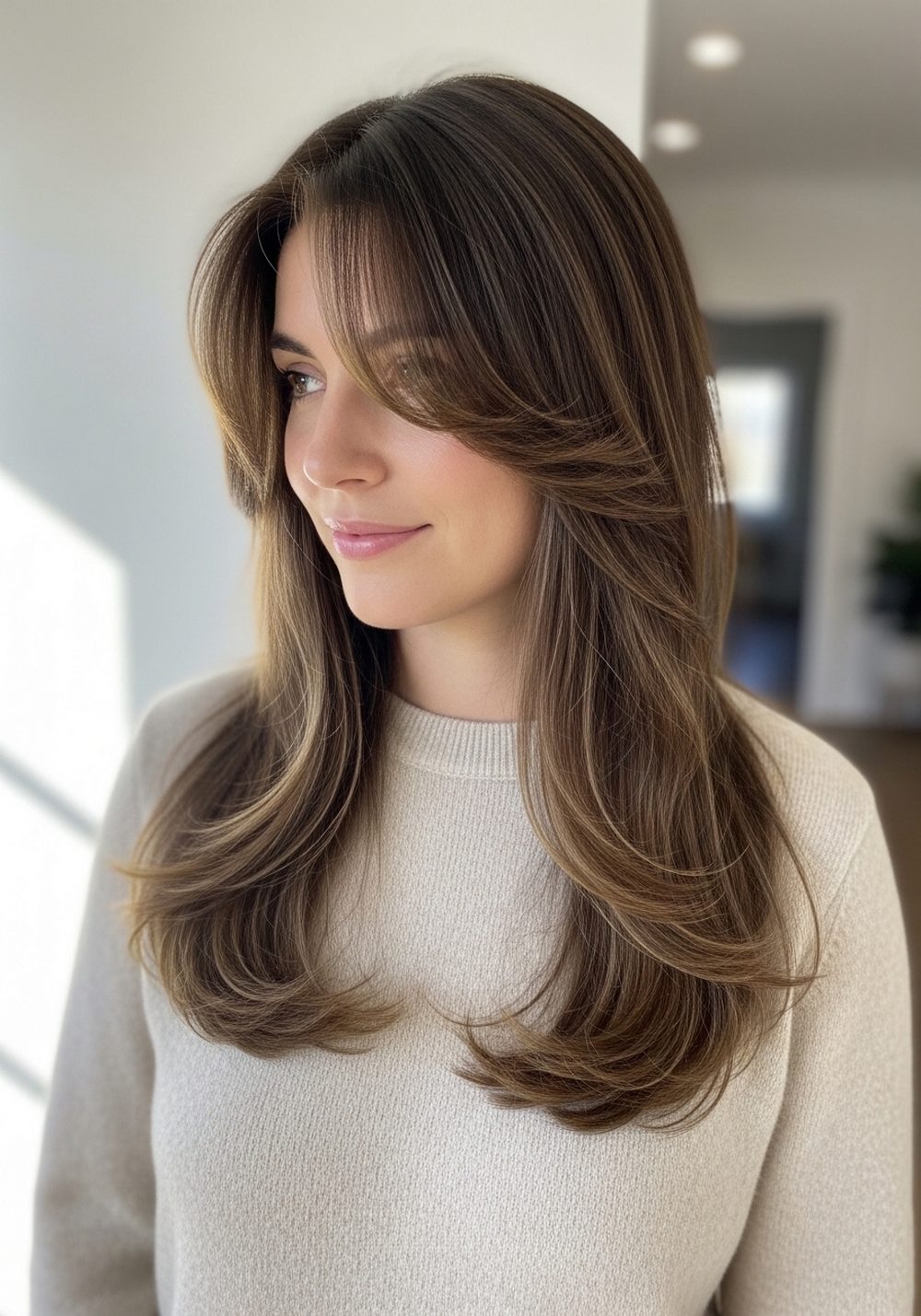 Soft Curtain Bangs with Face-Framing Layers and Long Hair