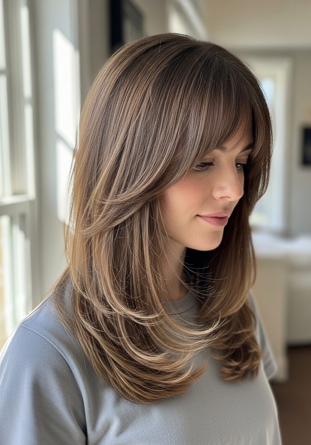 Soft Curtain Bangs with Long Layers