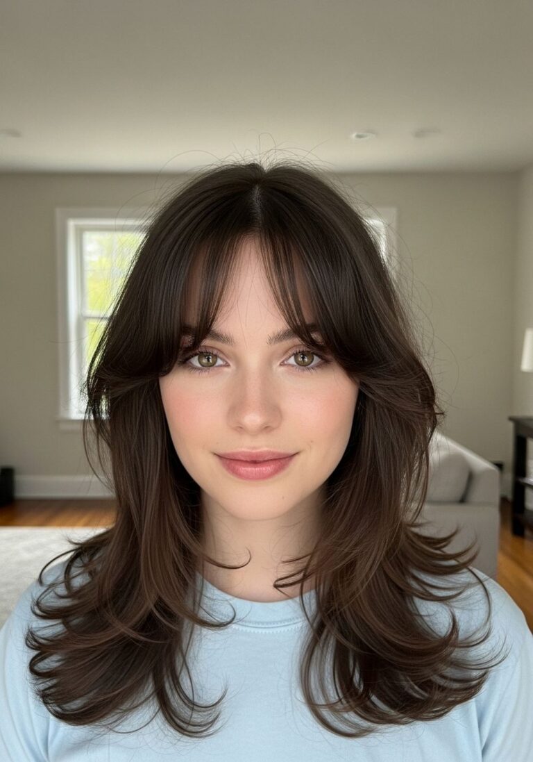 Soft Everyday Feathered Butterfly Layers with Curtain Bangs Hairstyle