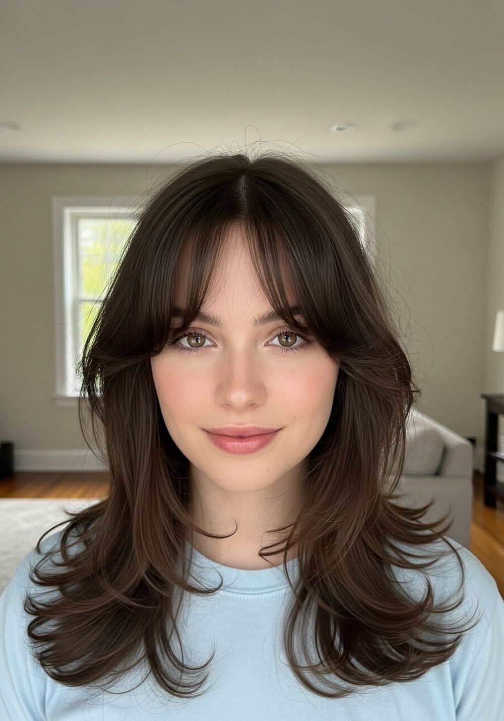 Soft Everyday Feathered Butterfly Layers with Curtain Bangs Hairstyle