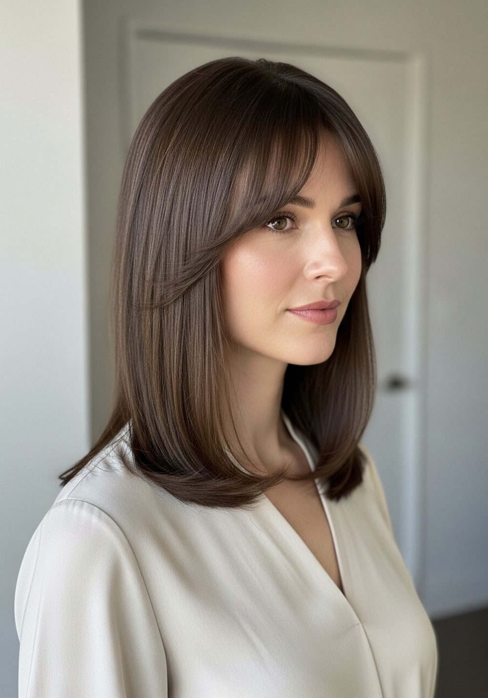 Straight Mid-Length Cut with Blended Curtain Bangs