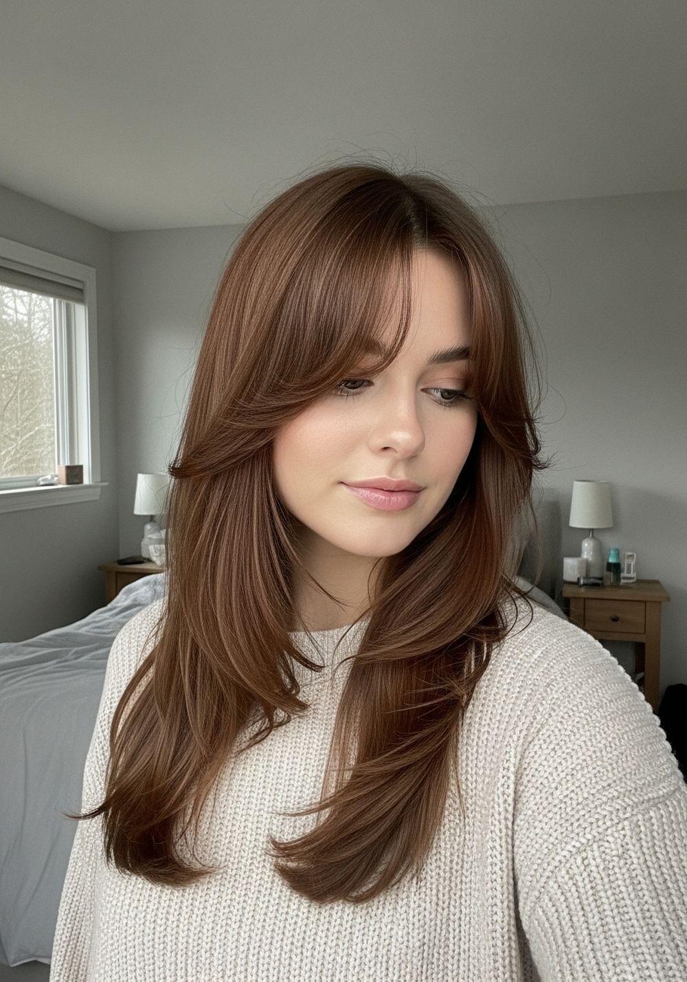 Textured Wavy Butterfly Layers with Long Curtain Bangs Hairstyle