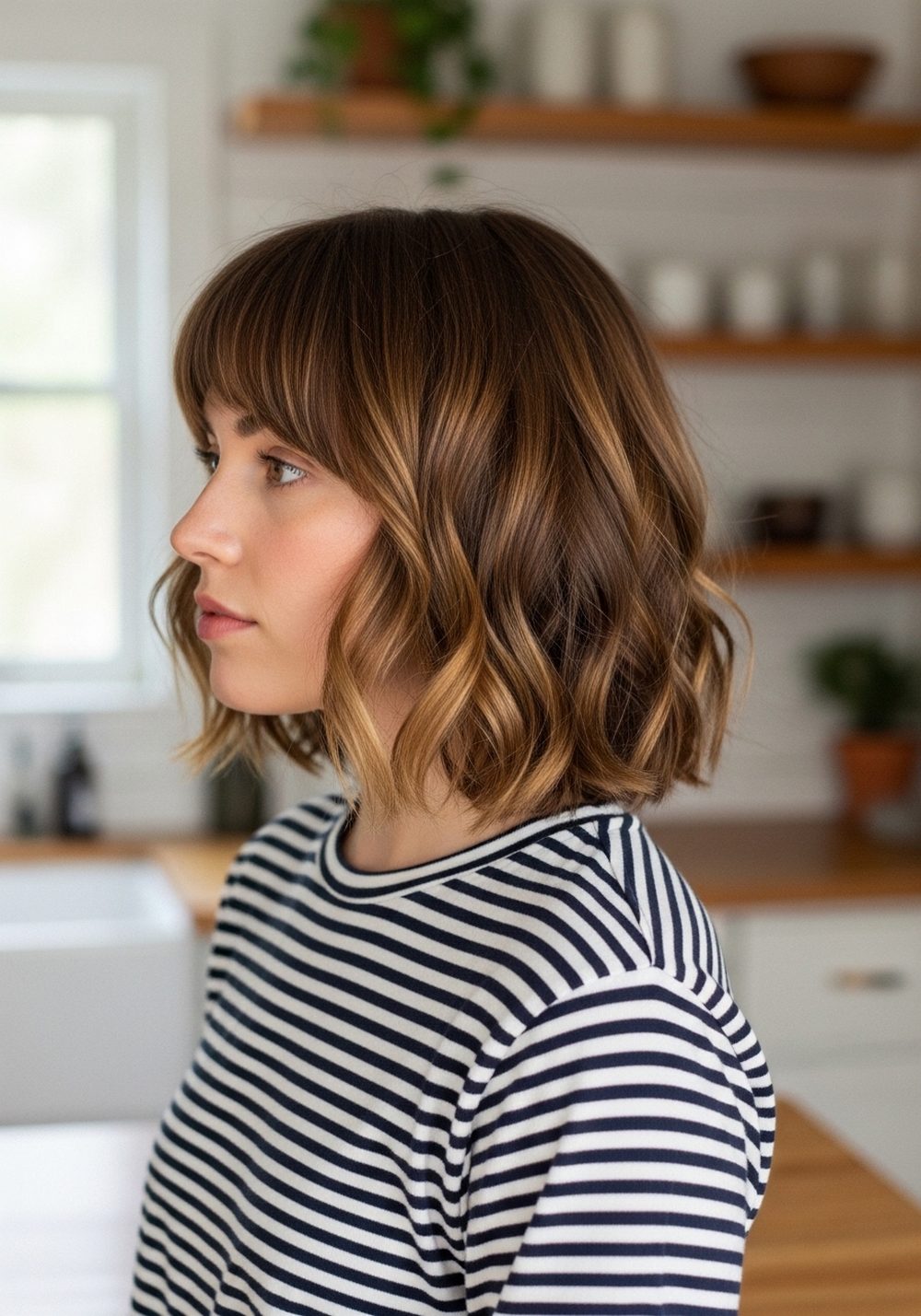 Wavy Chin-Length Cut with Curtain Bangs