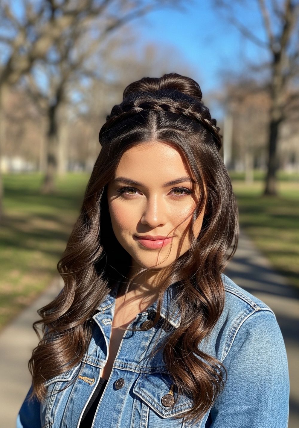 Braided Crown Half-Up Center-Part Curls Hairstyle