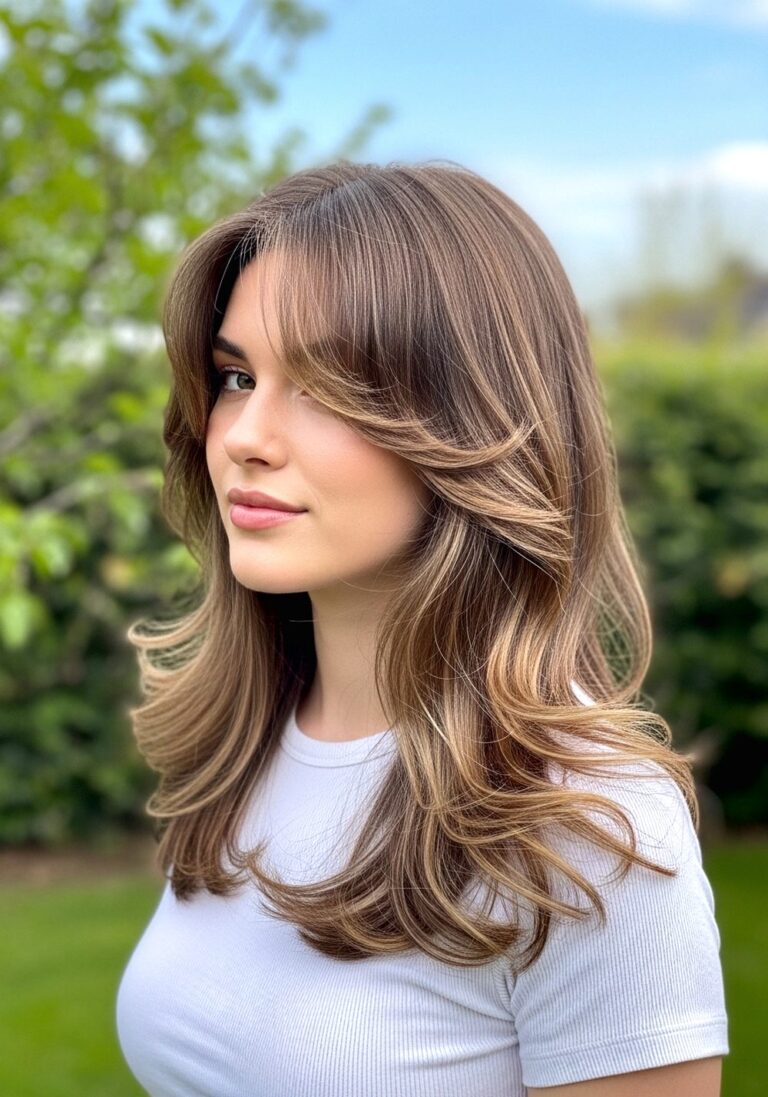 Face-Framing Long Layered Waves with Wispy Bangs Hairstyle