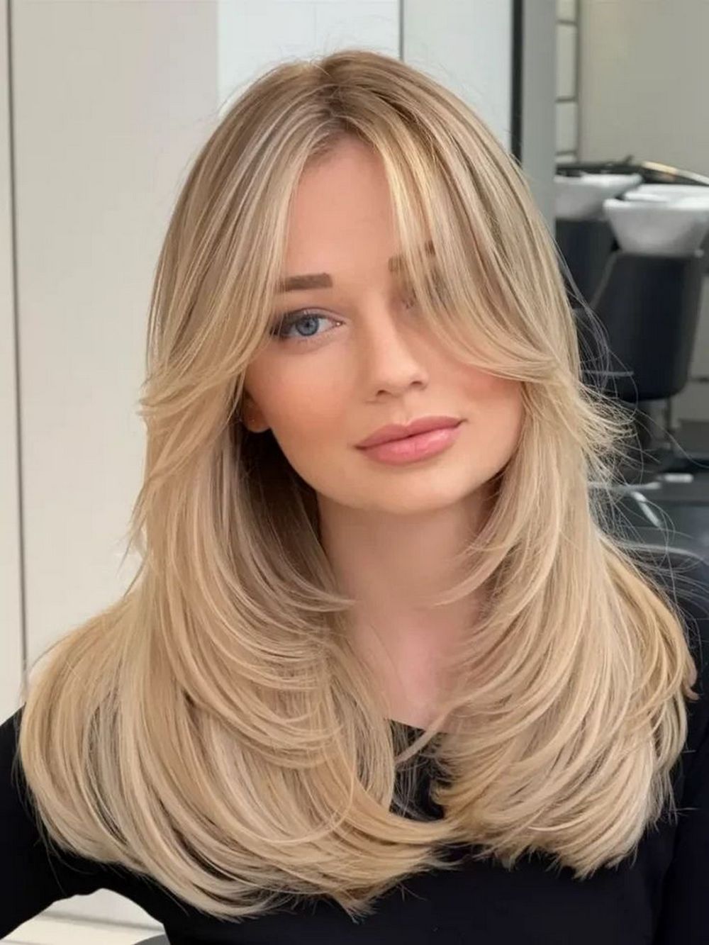 Feathered Blonde Layers with Long Curtain Bangs