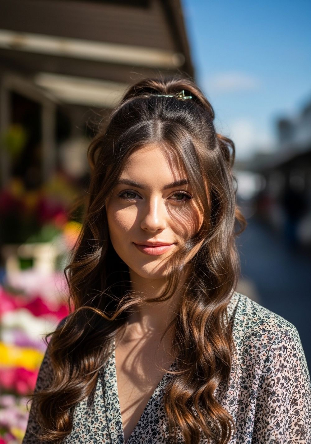 Glam Barrette Half-Up Center-Part Curls Hairstyle