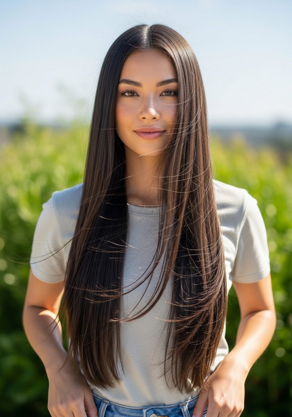 Glass-Sheen Center Part Long Hairstyle