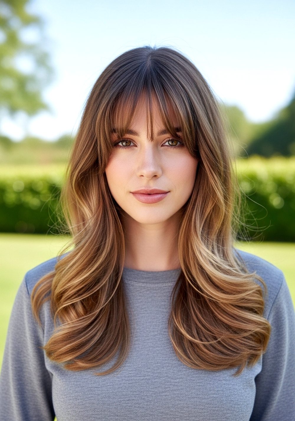 Glossy Loose Curl Long Layered Waves with Wispy Bangs Hairstyle