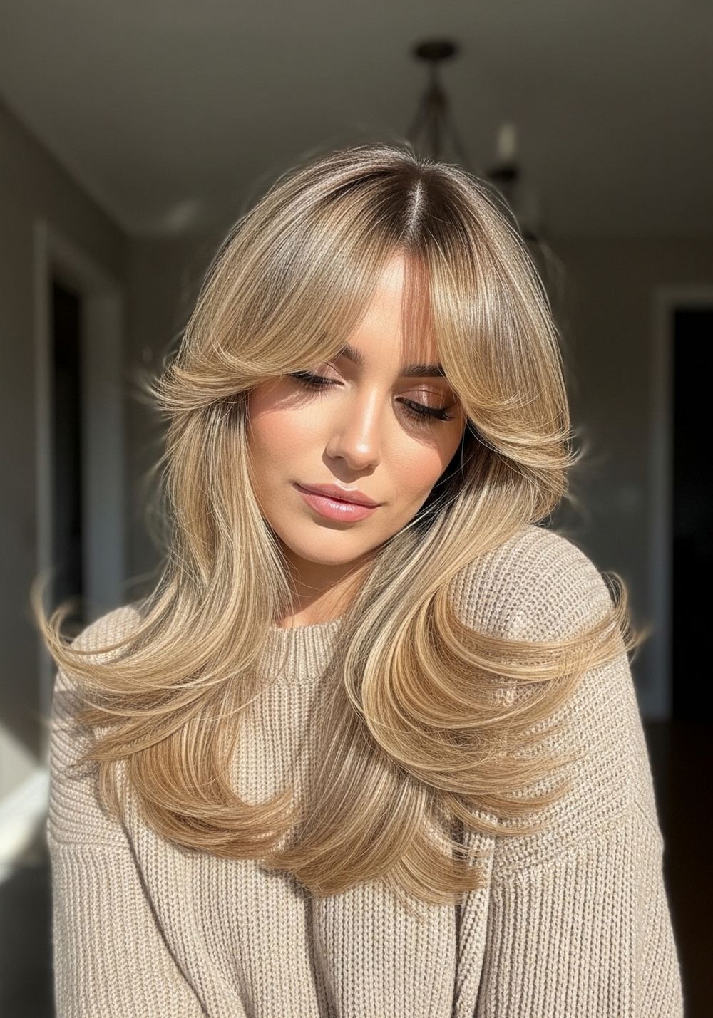 Honey Blonde Curtain Bangs Blowout Waves Hairstyles