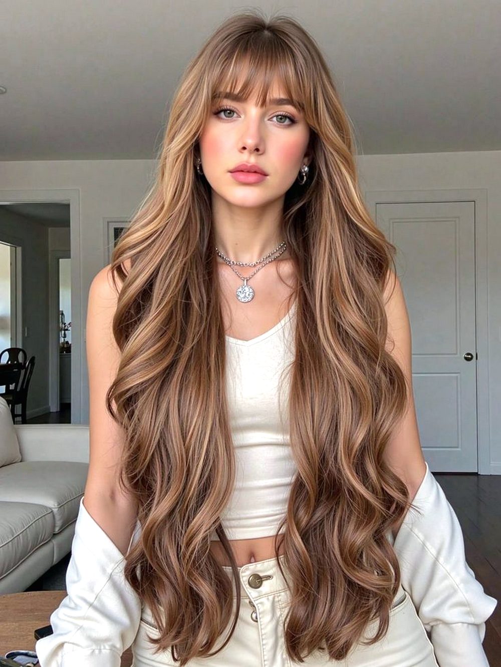 Long Layered Waves with Wispy Bangs