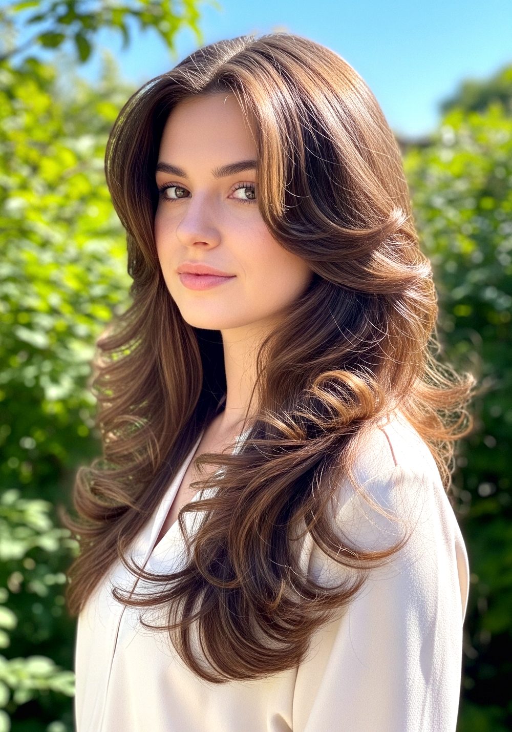 Long V-Cut Blowout Curls Hairstyle