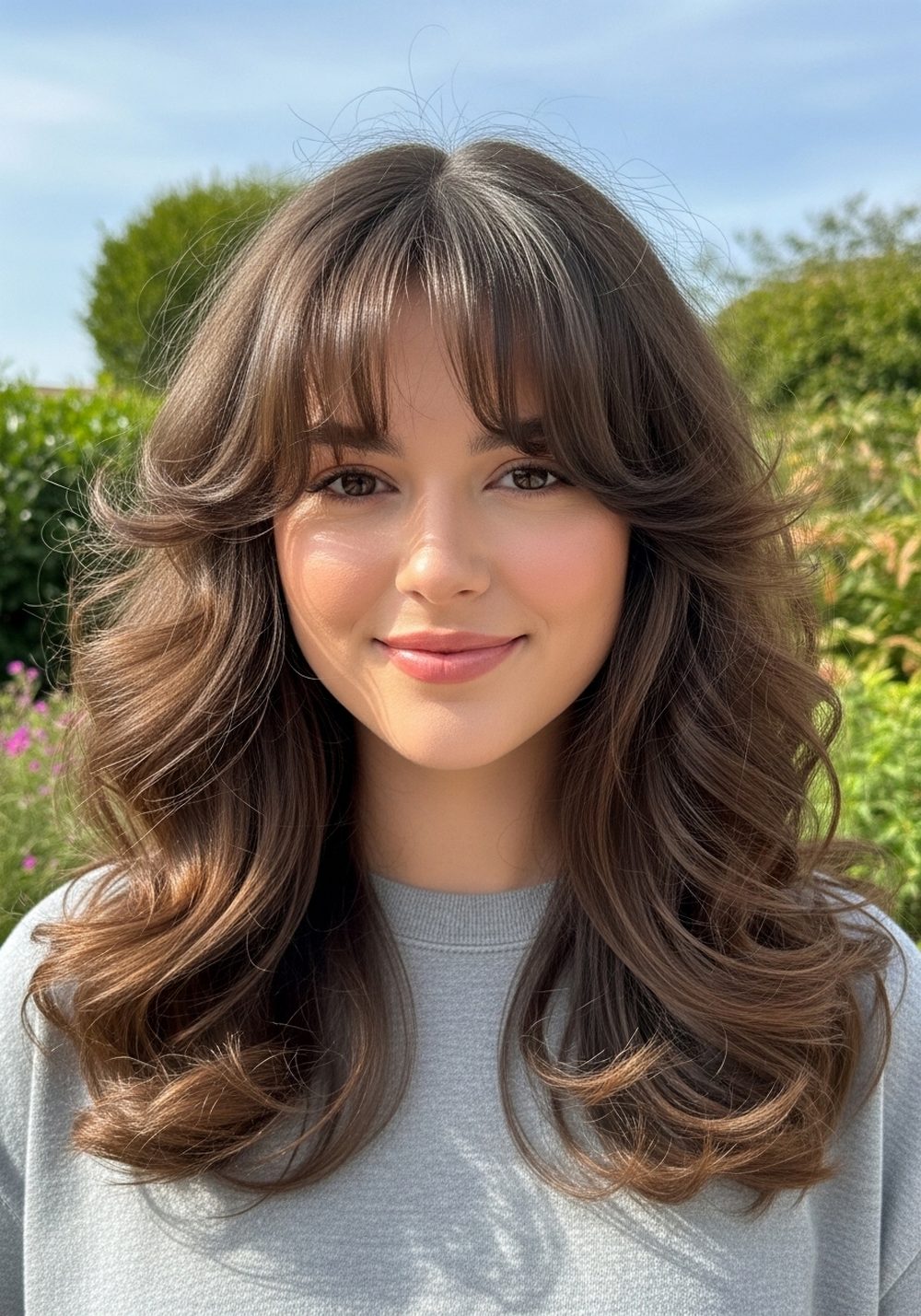 Loose Curls Long Layers with Curtain Bangs Hairstyle