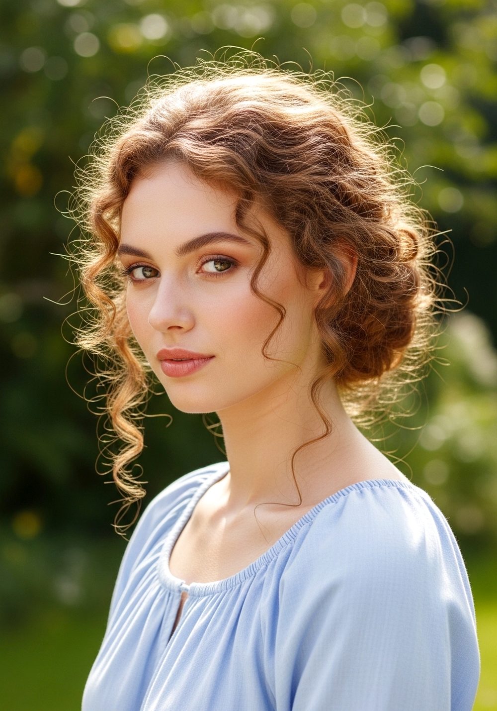 Low Bun Soft Curly Messy Updo with Face-Framing Tendrils Hairstyle
