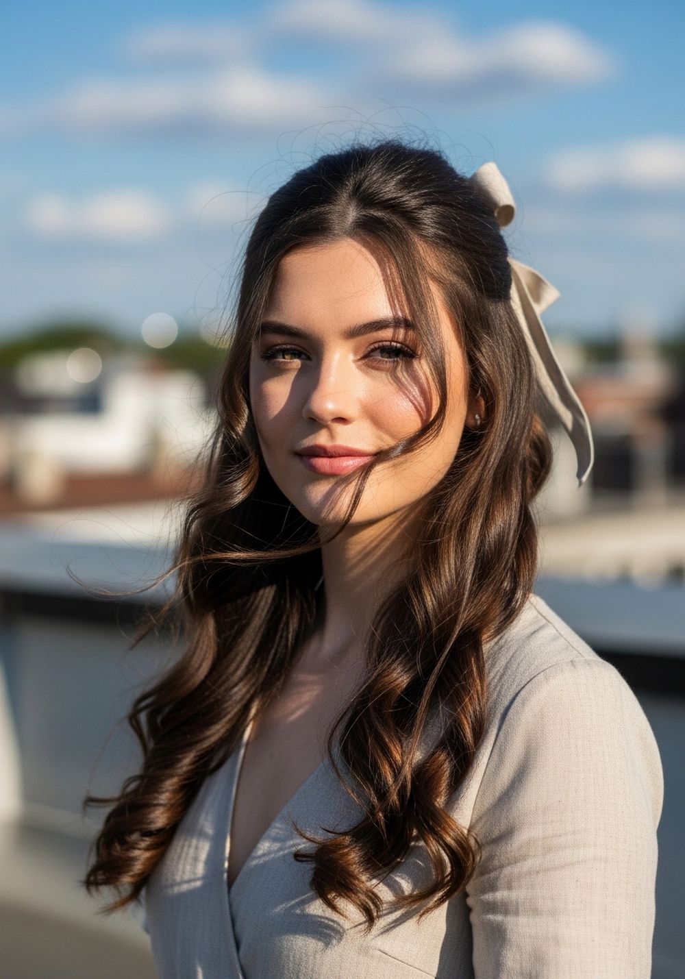 Ribbon-Tied Half-Up Center-Part Curls Hairstyle