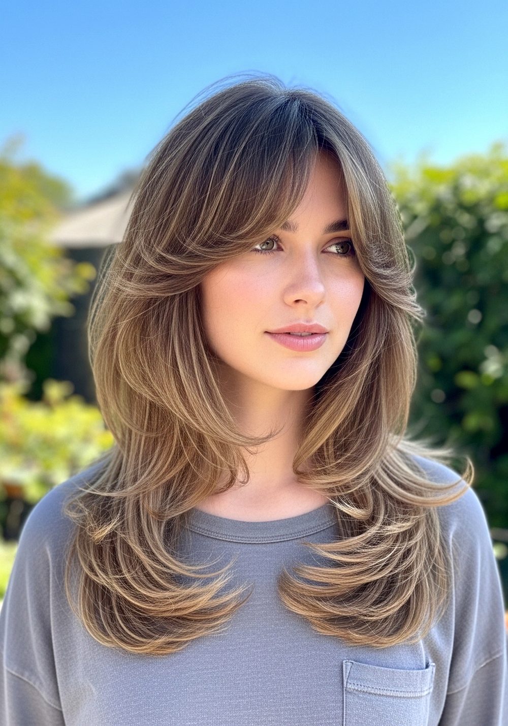 Side-Swept Long Layered Waves with Wispy Bangs Hairstyle