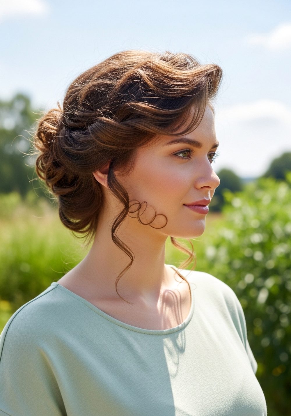 Side-Swept Soft Curly Messy Updo with Face-Framing Tendrils Hairstyle
