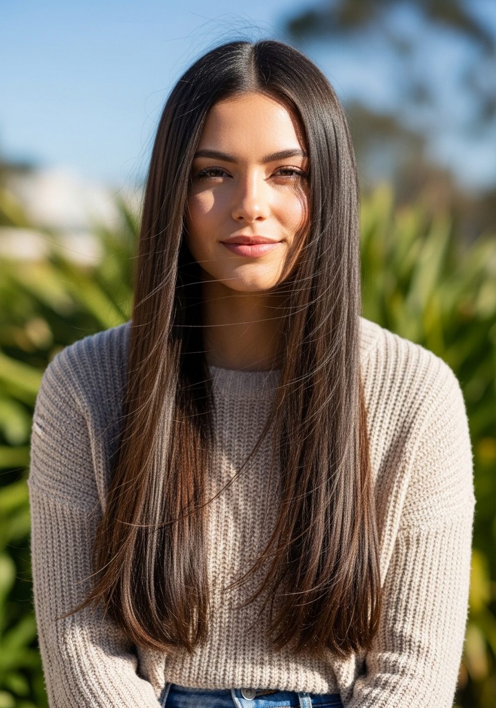 Sleek One-Length Waist Grazing Hairstyle