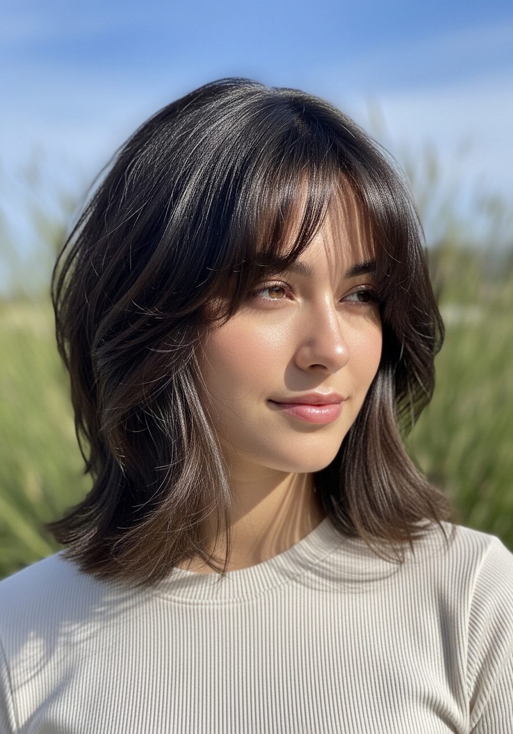 Sleek Roots Messy Ends Shaggy Bob With Curtain Bangs Hairstyle