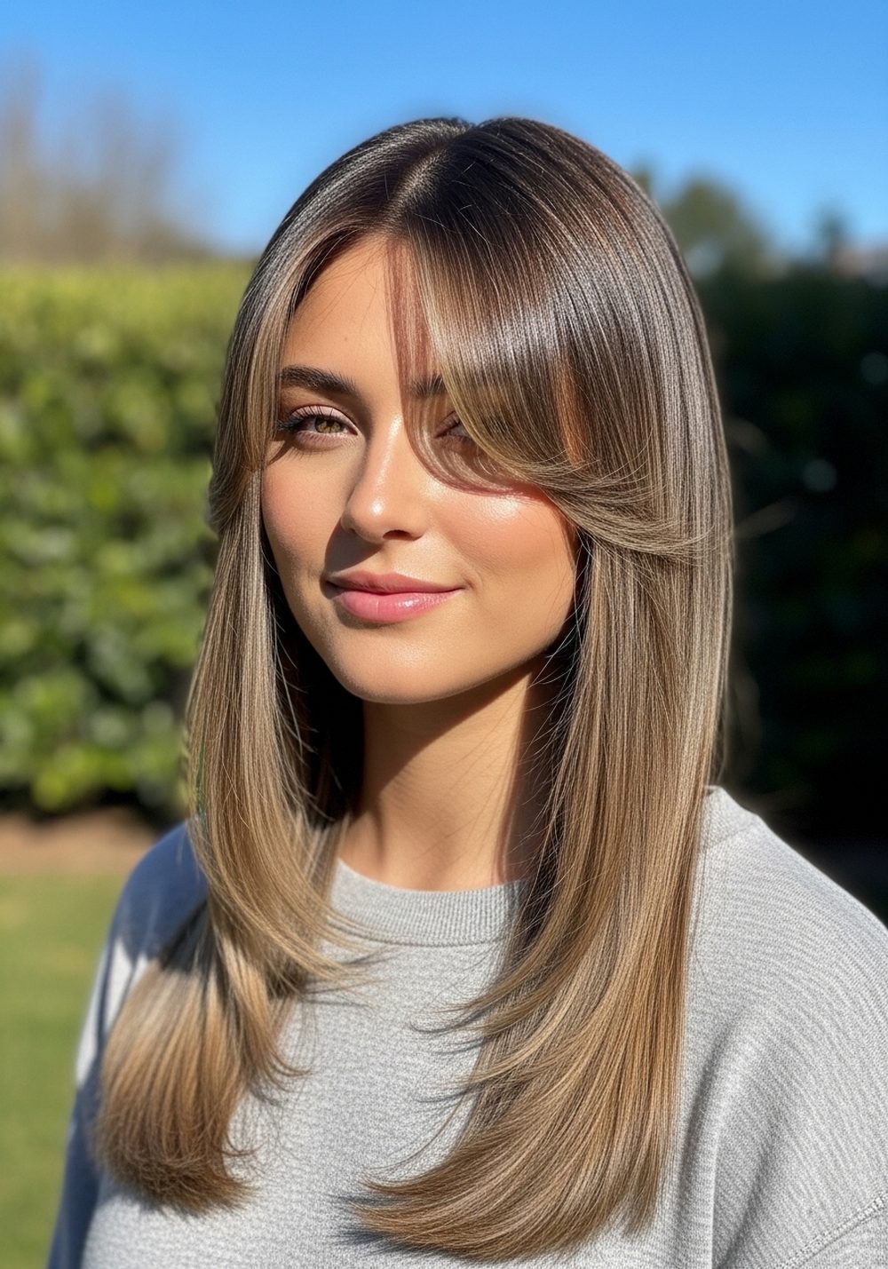 Sleek Straight Long Layers with Curtain Bangs Hairstyle