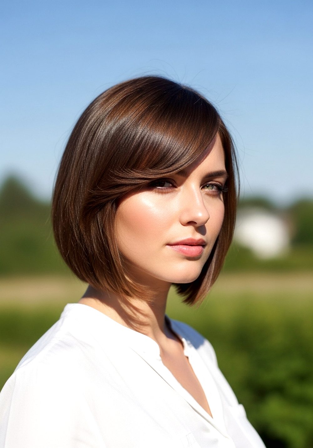 Smooth Curved-In French Bob with Side-Swept Bangs Hairstyle