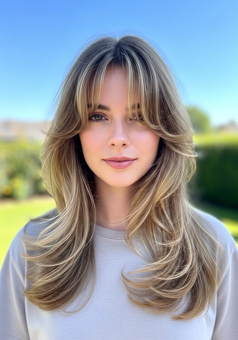 Soft Center-Part Long Layered Waves with Wispy Bangs Hairstyle