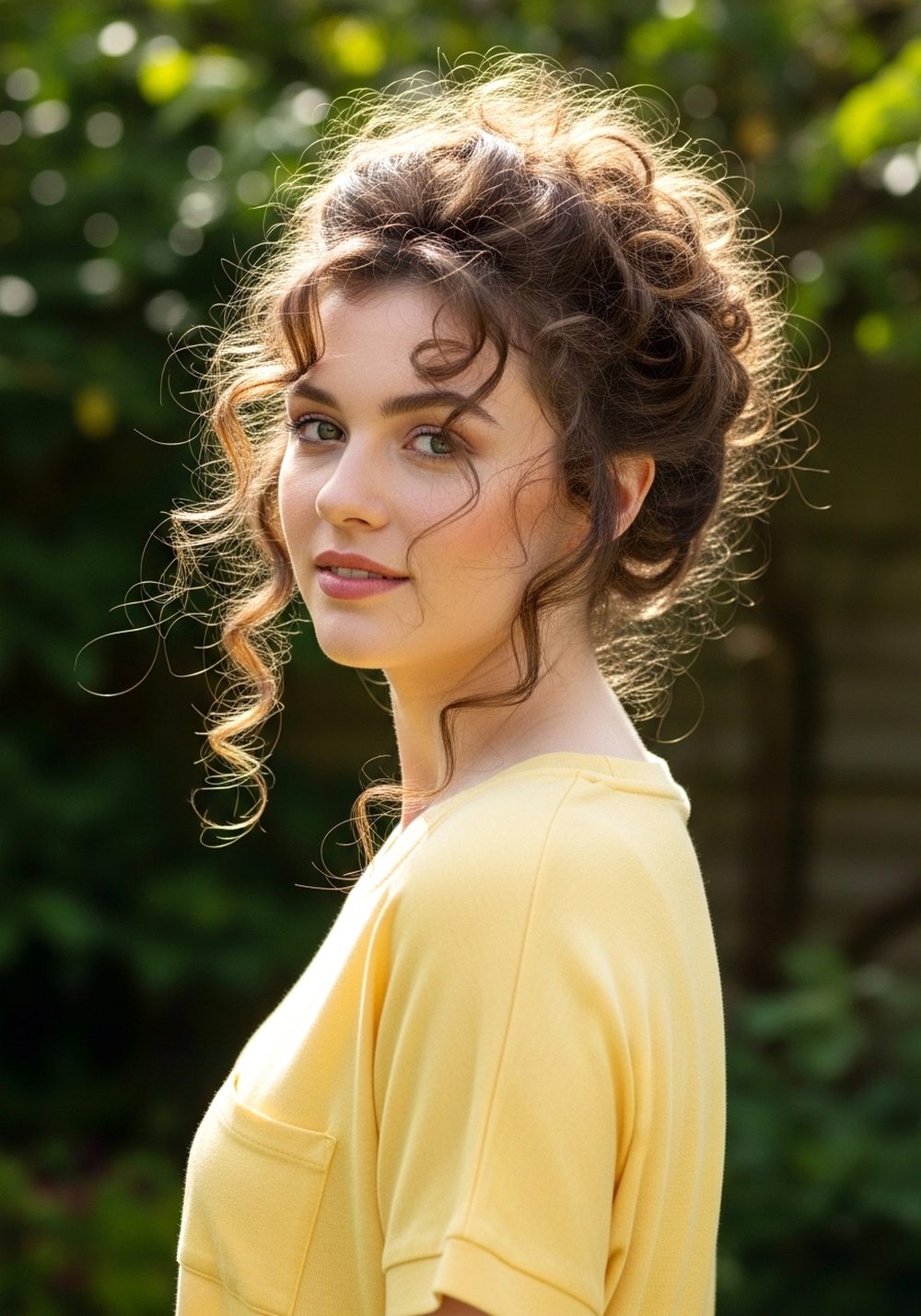 Textured High Pin Soft Curly Messy Updo with Face-Framing Tendrils Hairstyle