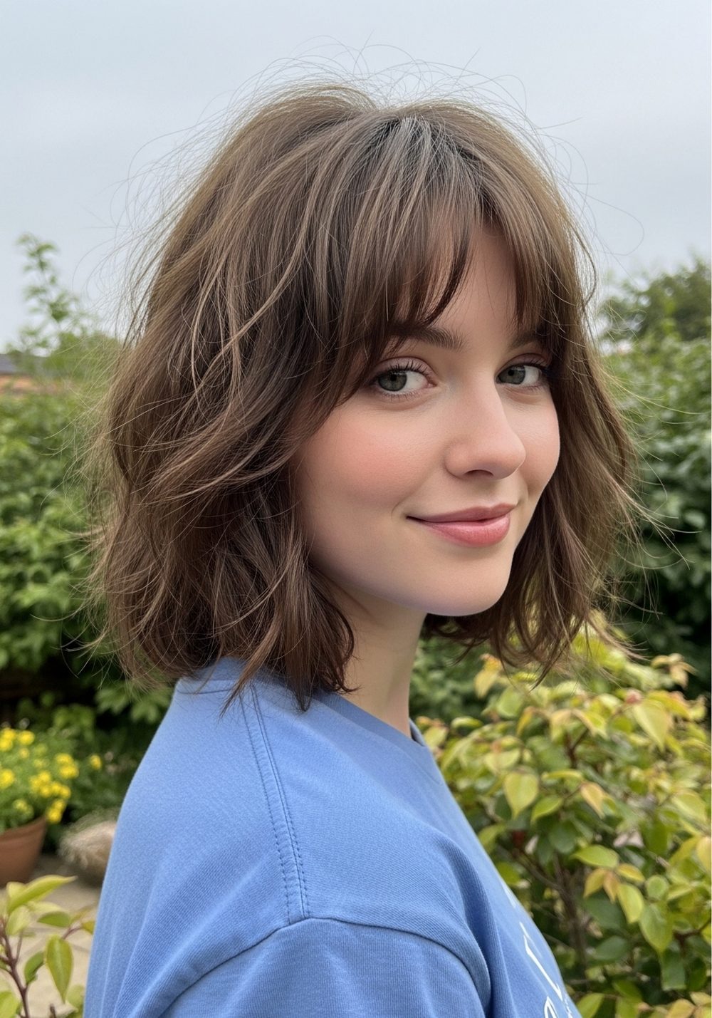 Tousled Chin-Length Shaggy Bob With Curtain Bangs Hairstyle