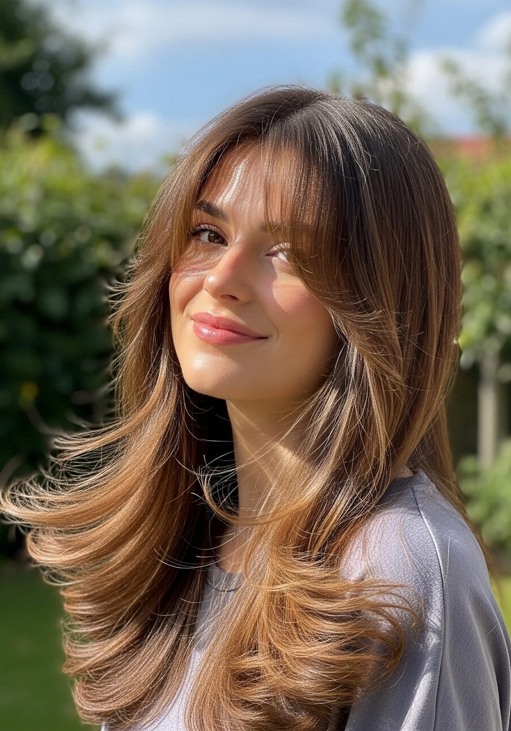 Voluminous Flip-End Long Layers with Curtain Bangs Hairstyle