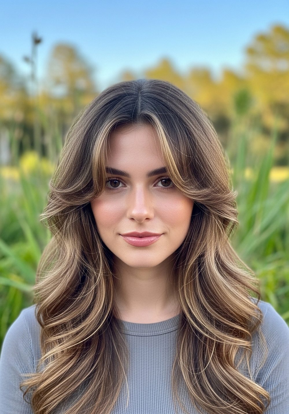 Wavy Face-Framing Long Layers with Curtain Bangs Hairstyle