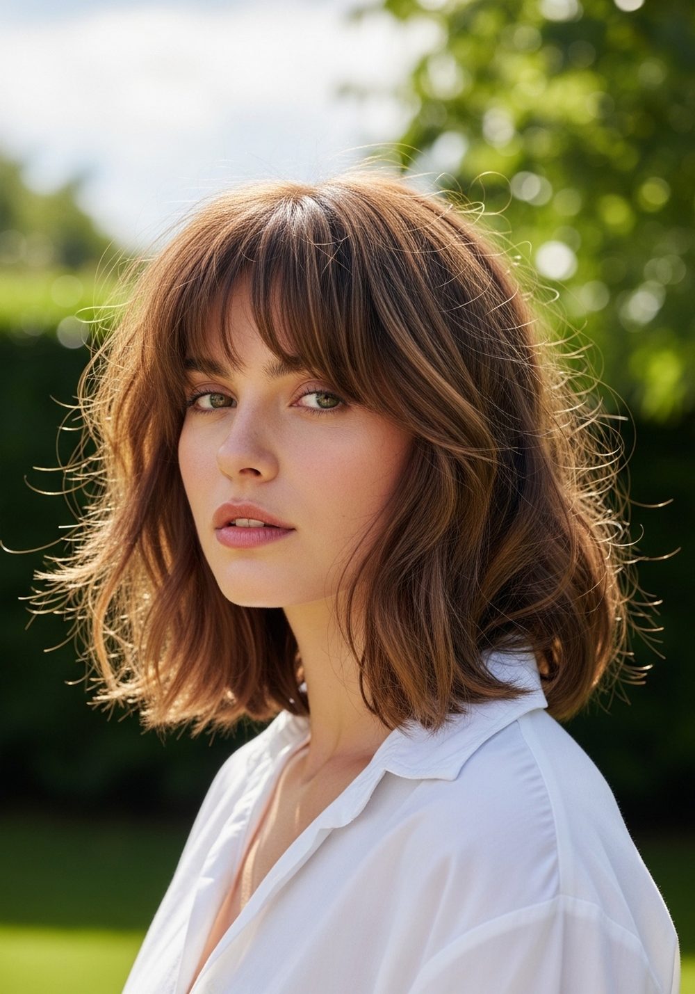 Wavy French-Inspired Shaggy Bob With Curtain Bangs Hairstyle