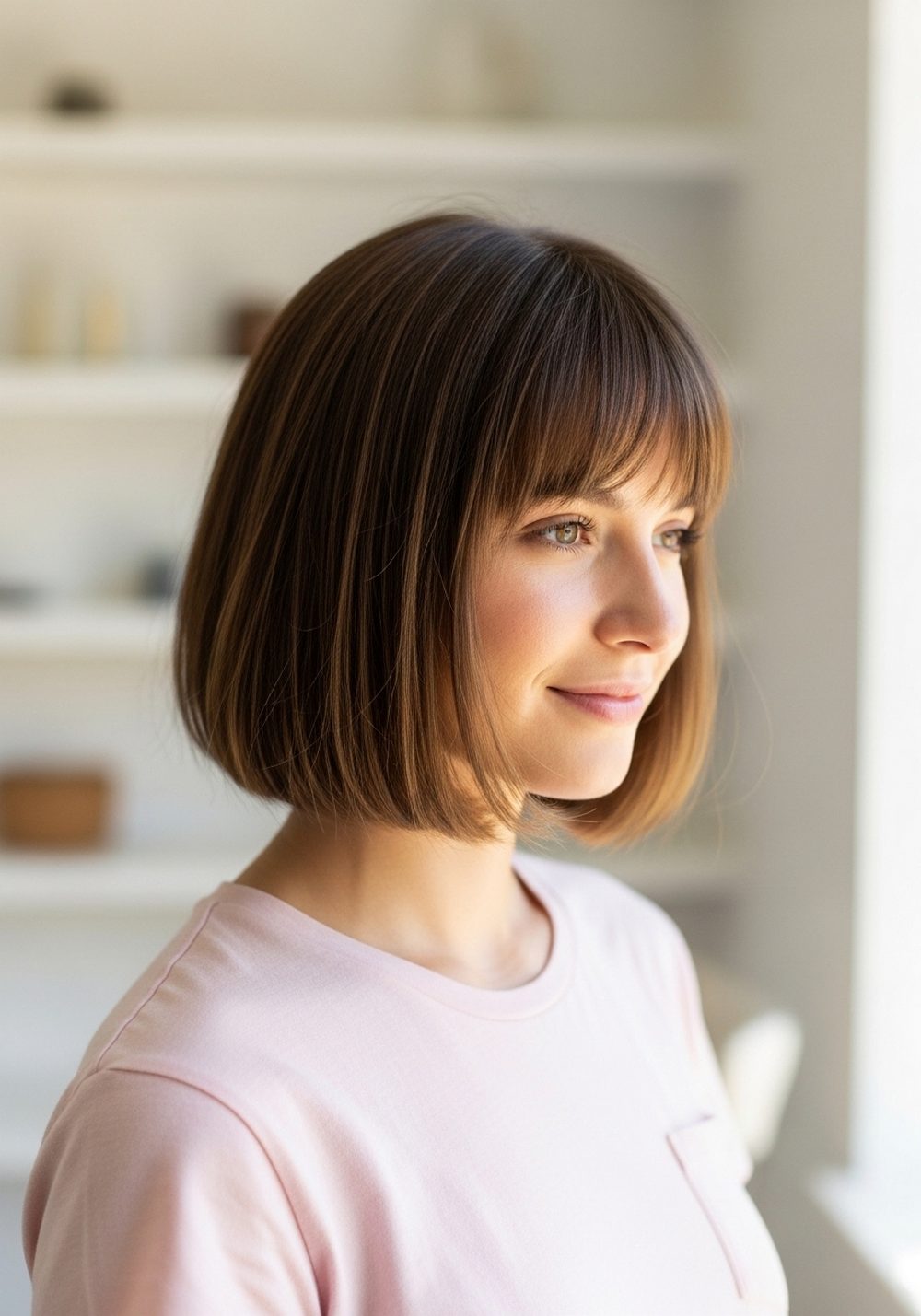 Airy Blunt Bob With Full Bangs for Fine Hair Hairstyle