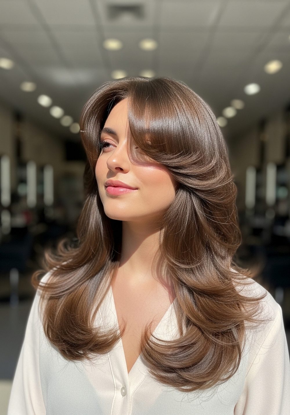 Blowout Curtain Bangs With Bouncy Long Layers Hairstyle