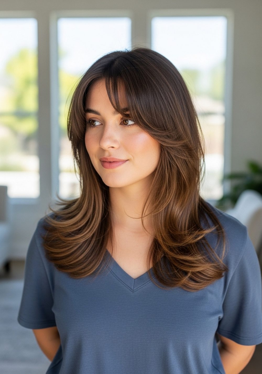 Curtain Bangs With Long Layers and Natural Volume Hairstyle