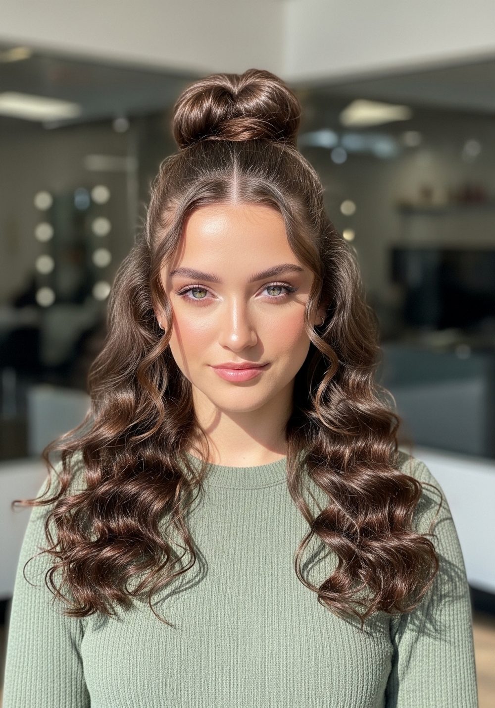 Half-Up Curly Bun Softball Hairstyle