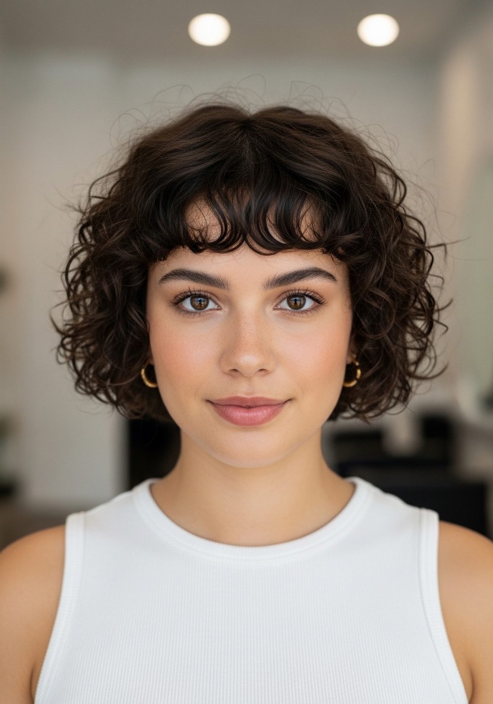 Short Rounded Curly Fringe Hairstyle