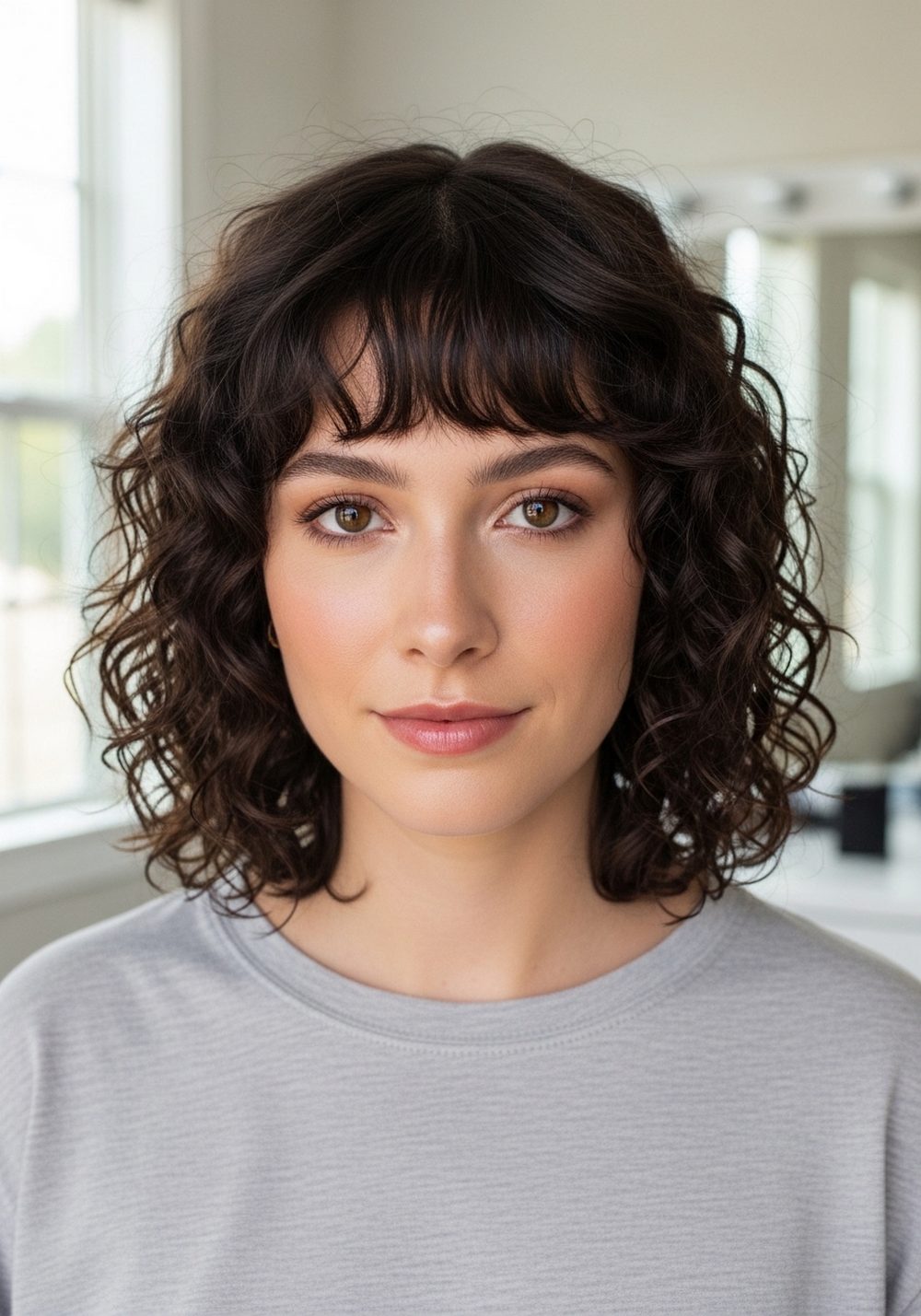 Shoulder-Length Curly Fringe Hairstyle