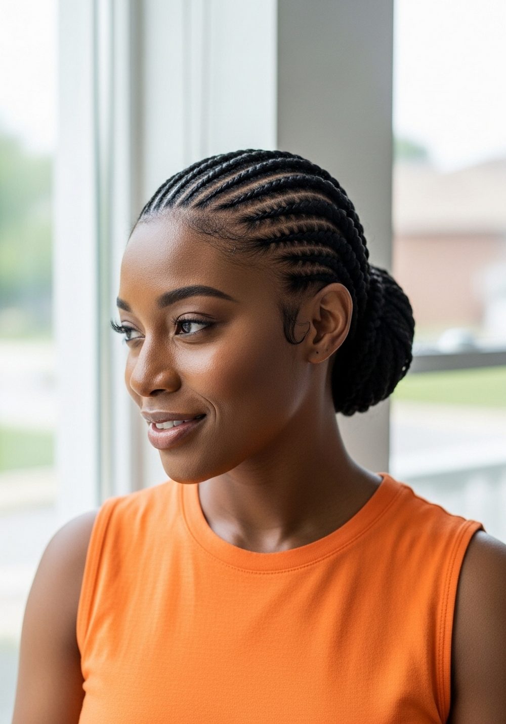Side-Part Cornrows into Bun Hairstyle