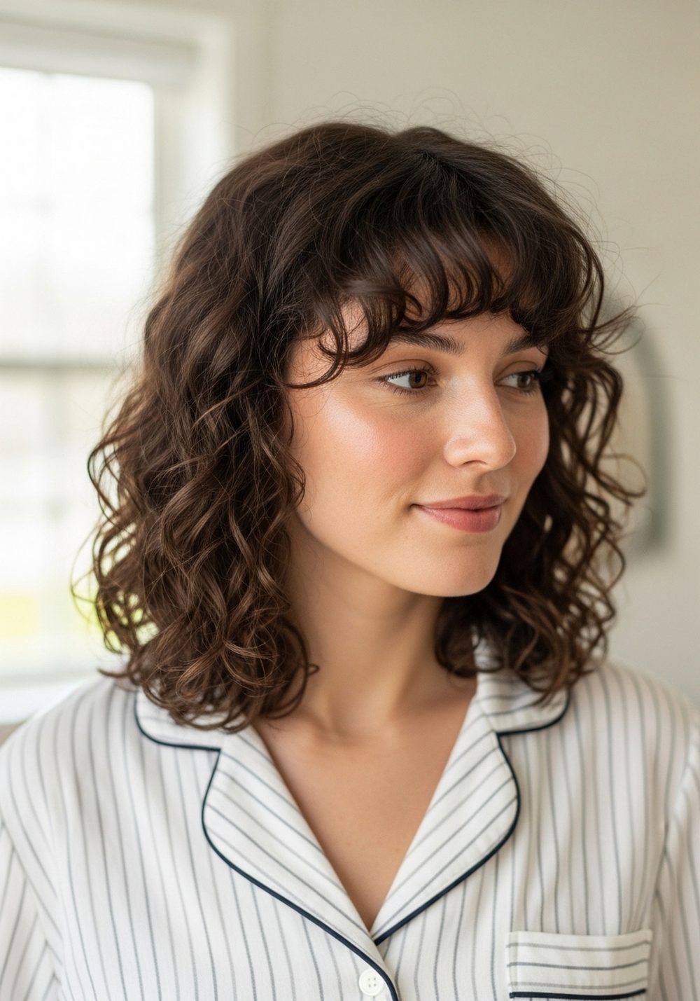 Side-Part Curly Fringe Hairstyle